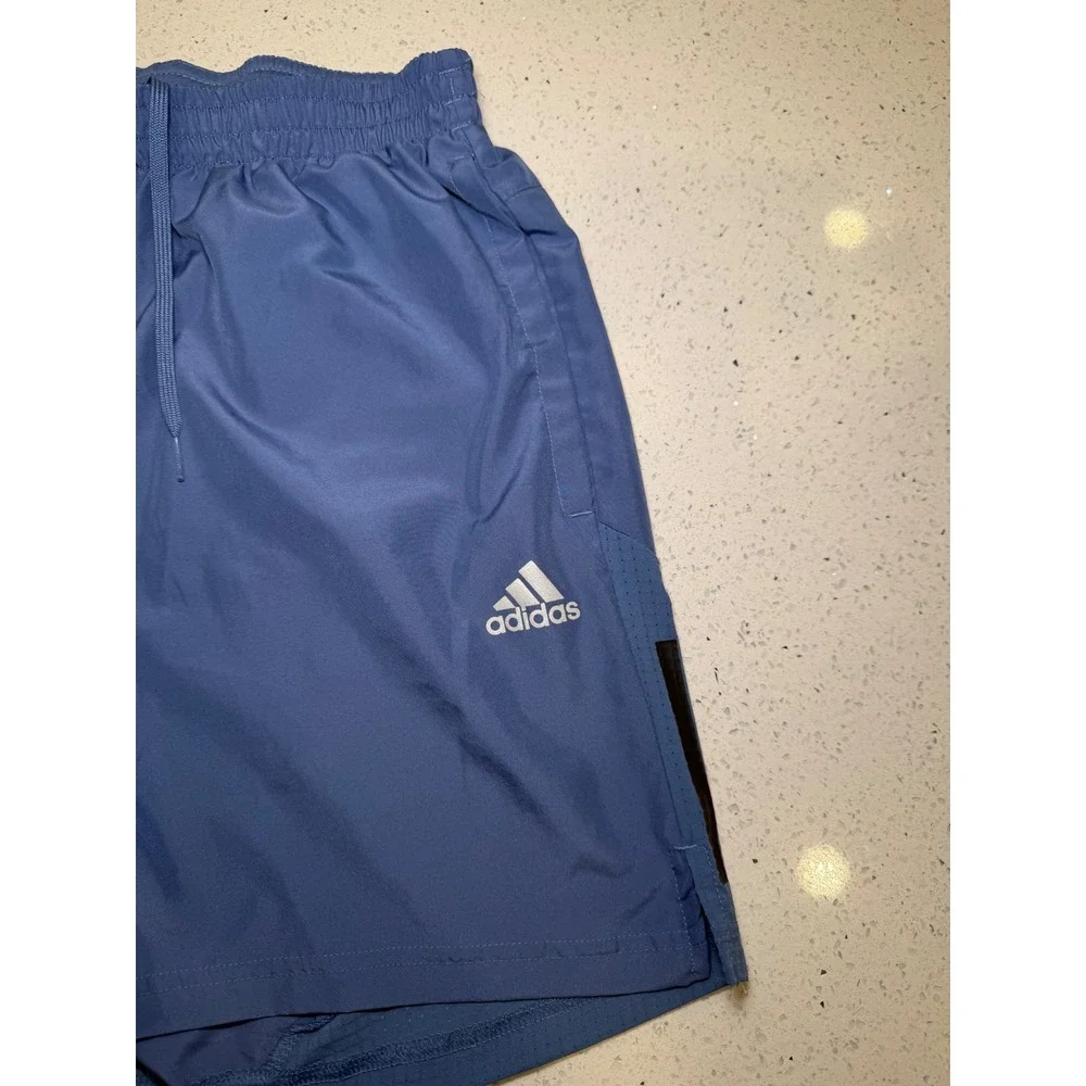 Adidas Mens Running Training Shorts Blue 3-Stripe Elastic Waist Pockets Gym